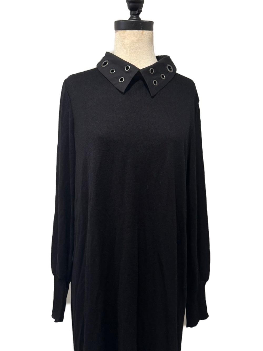 Misook Black Eyelet Collar Long Sleeve Dress